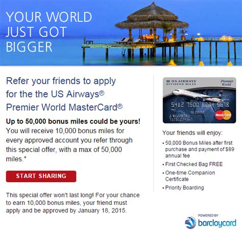 This is a mastercard airline rewards card, issued by barclays bank. Earn 50,000 Miles Referring Friends to 50,000 Mile Bonus US Airways MasterCard - The Travel Sisters