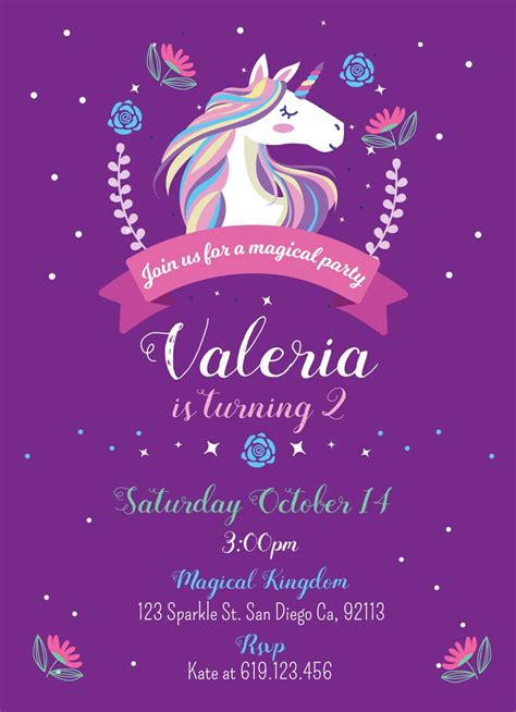 Printable Unicorn Birthday Party Invitation Magical Unicorn Etsy