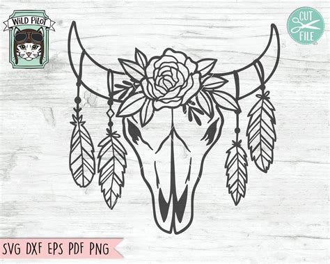 Cow Skull With Flowers And Feathers Svg Cut File So Fontsy