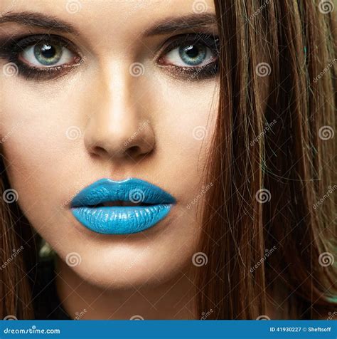 Beautiful Woman Face Beauty Portrait Beautiful Blue Lips Stock Image