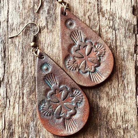 Hand Tooled Leather Earrings Cognac Leather Earrings Etsy Hand
