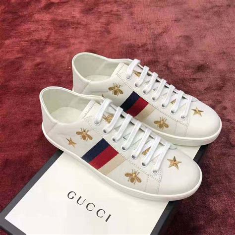 Gucci Womens Ace Embroidered Sneaker In White Leather With Bees And