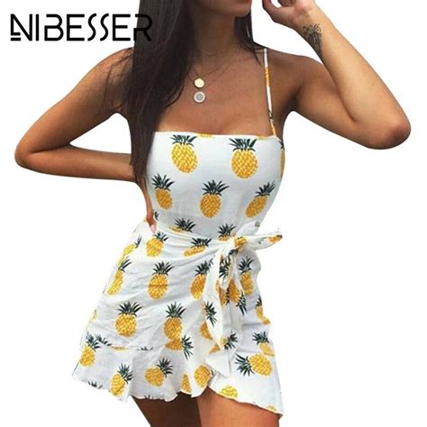 Nibesser Pineapple Dot Print Dress Women Sexy Backless Bow Dresses Causal Sleeveless Ruffle