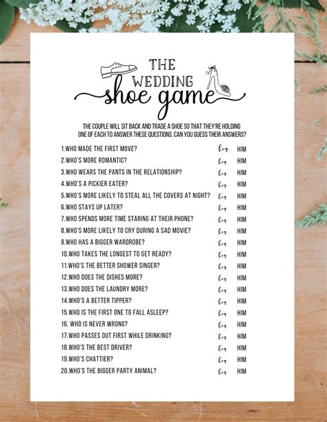 The Wedding Shoe Game Bridal Shower Game Printable Pdf Bride And Groom