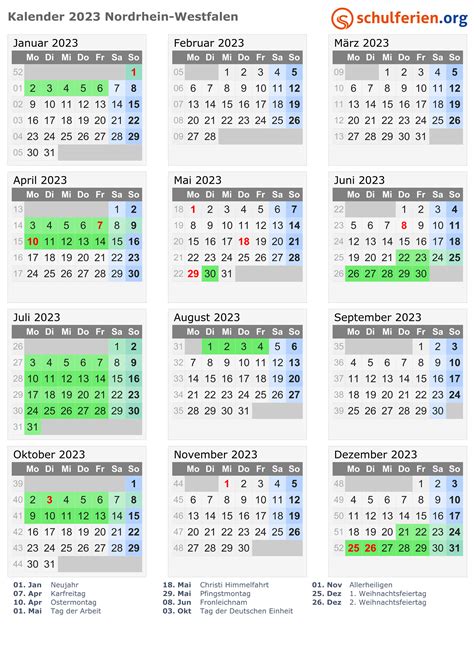 Kalender 2023 Ferien Nordrhein Westfalen Feiertage