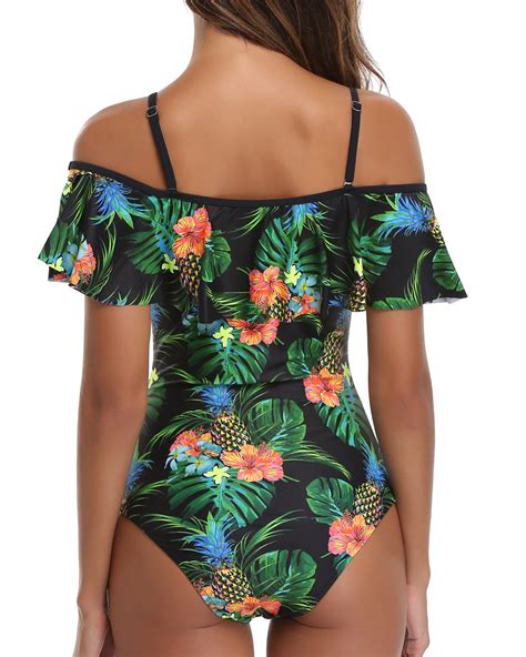 Tempt Me Womens One Piece Retro Ruffle Printed Off Shoulder Slimming Swimsuit Beachwear Central