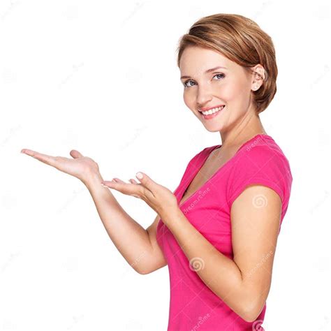 Portrait Of Adult Happy Woman With Presentation Gesture Stock Image