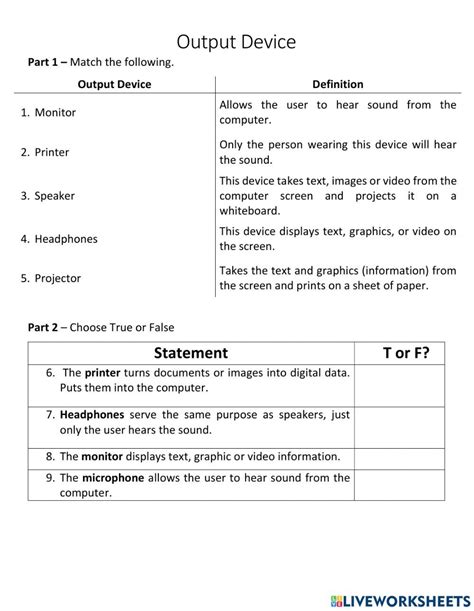 Output Devices Worksheet