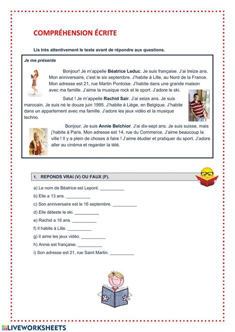 Compr Hension Crite Interactive Worksheet French Worksheets French