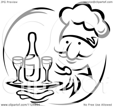 Clipart Of A Black And White Chef Holding A Tray With Wine Royalty