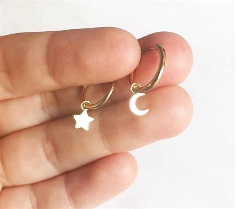 Dainty Whimsical Star And Moon Gold Hoop Earrings Set Silver Hoop