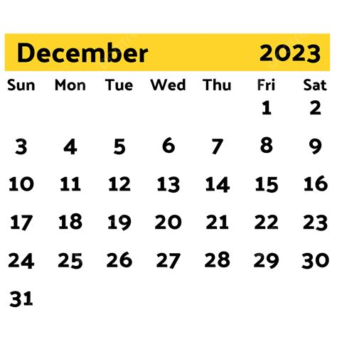 Yellow December 2023 Calendar 2023 Calendar Calendar December Png