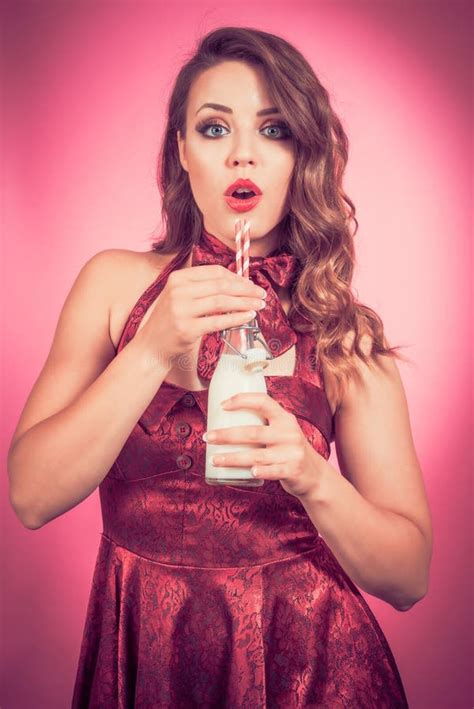 Pin Up Girl With Retro Milk Bottle Stock Photo Image Of Fashion