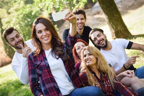 Group Of Friends Taking Selfie In Urban Background Stock Image Image Of Park Clothes 86039275