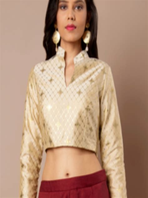 Buy Indya Women Cream Coloured Checked Fitted Crop Top Tops For Women