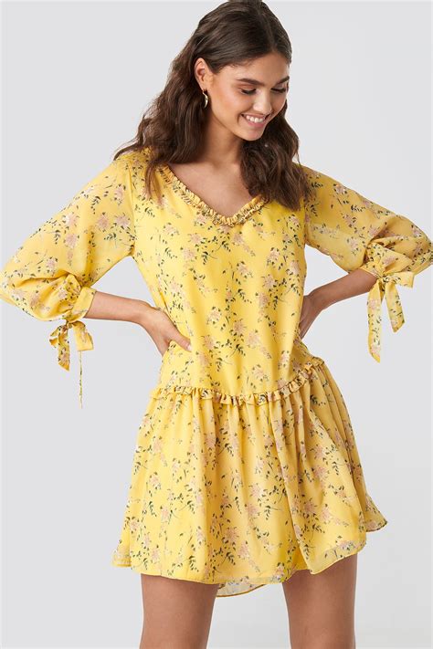 Ruffle V Neck Mini Dress Yellow Flower Na
