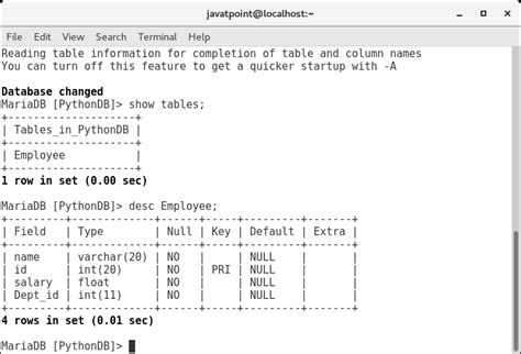 Python Mysql Creating Tables Javatpoint