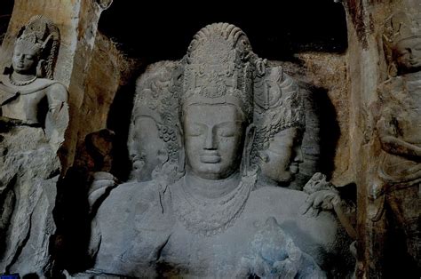 Trimurtisculpture Inside The Elephanta Caves On An Island Near Mumbai
