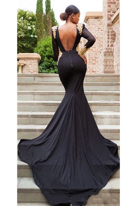 Mermaid Long Sleeves Lace V Neck Long Black Prom Dress Formal Evening