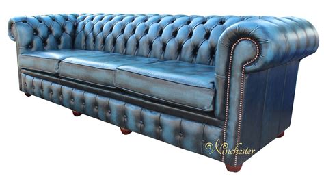 Chesterfield 4 Seater Settee Antique Blue 3 Cushion Real Leather Sofa