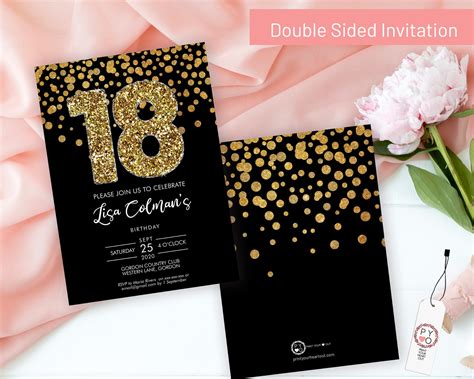 Diy 18th Birthday Confetti Invitation Printable Template Black Gold