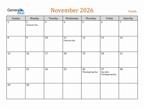 Free November 2026 Guam Calendar