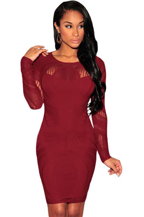 Sexy Date Red Lace Nude Illusion Long Sleeves Bodycon Dress Sexy Affordable Clothing
