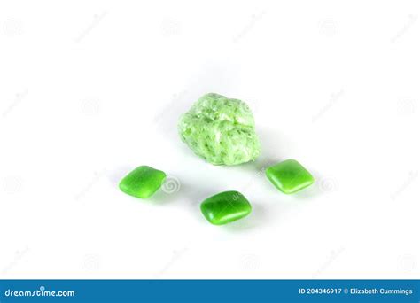 Whole Pieces And Chewed Green Bubble Gum Isolated Over White Stock