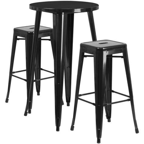 24 Round Black Metal Indoor Outdoor Bar Table Set With 2 Square Seat