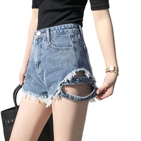 Korean Style High Waist Wonem Denim Shorts Casual Sexy Ripped Hole Summer Shorts Sideband Rivet
