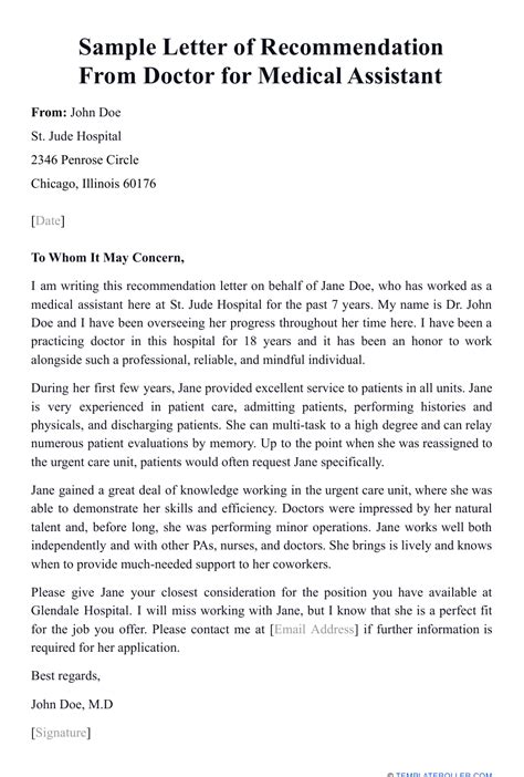 Sample Letter Of Recommendation From Doctor For Medical Assistant