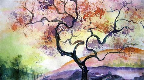 Painting Watercolor Artwork Warm Colors Nature Landscape Trees Colorful Hills Cherry