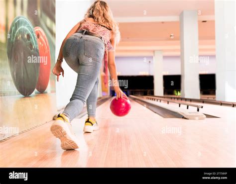 Back View Woman Throwing Bowling Ball Stock Photo Alamy