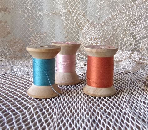 Vintage Wood Thread Spools Shades Of Blue Pink And Orange Etsy
