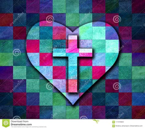 Christian Cross And A Heart On A Vibrant Checkerboard Patterned