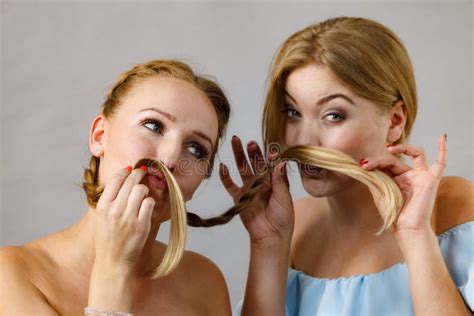 Two Females Playing With Hair Stock Image Image Of Hair Happiness