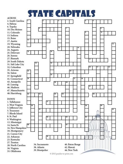 Free Printable State Capitals Crossword 4th Grade Social Studies