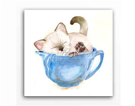 Christmas Sale Siamese Cat Art Watercolor Print Kitten In Cup Art