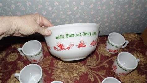 Vintage Hazel Atlas Tom And Jerry Punch Bowl With Cups Set Cups And