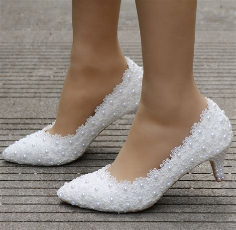 Buy Small Heel White Lace Wedding Shoes 5cm High Heels