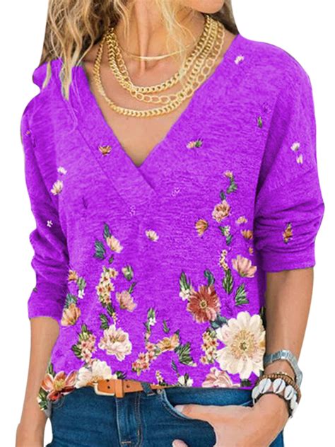 women v neck plus size tops floral long sleeve casual shirts pullover tops