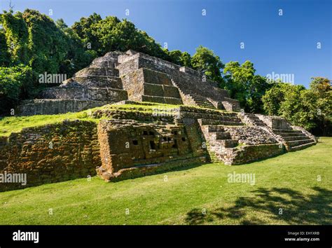 Jaguar Temple At Lamanai Maya Ruins Rainforest Near Indian Church