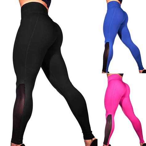 Womens Solid Mesh Splice Patchwork Workout Leggings Fitness Sports Gym Run Flexible Track
