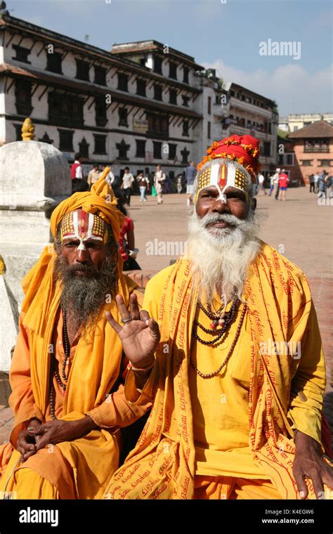 Closeup Portrait Of Monks Sadhus In The Square In Kathmandu Patan