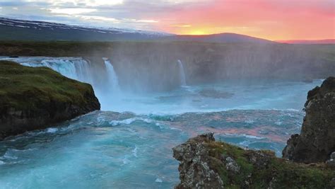 Colorful Summer Sunset On The Godafoss Waterfall On