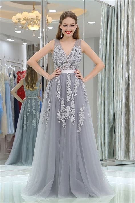 Princess A Line V Neck Long Silver Tulle Lace Prom Dress With Sash