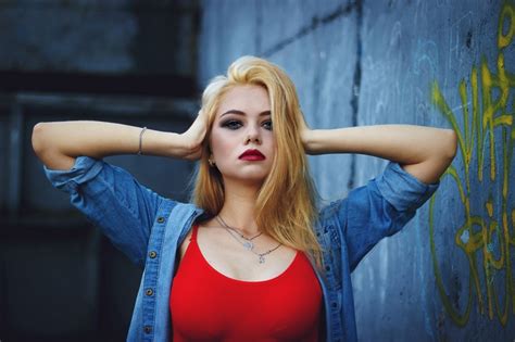 Shirt Red Lipstick Women Hands On Head Denim Red Tops Blonde