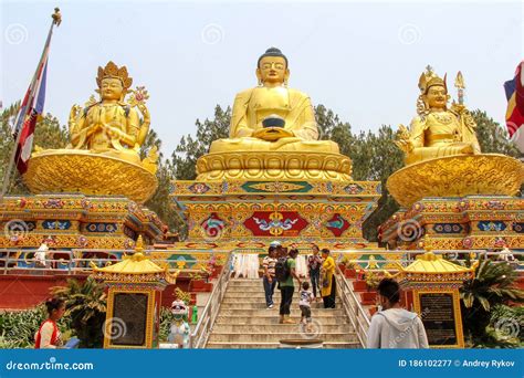 Three Gold Buddha Statues In Kathmandu City Editorial Photography