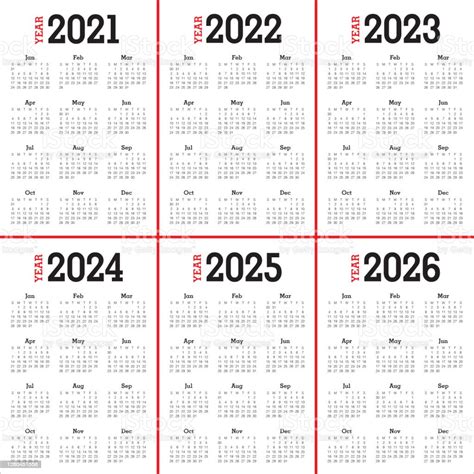 Year 2021 2022 2023 2024 2025 2026 Calendar Vector Design Template