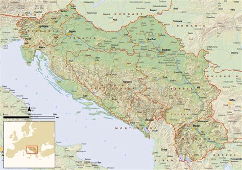 Большая детальная политическая карта Югославии с рельефом Югославия
